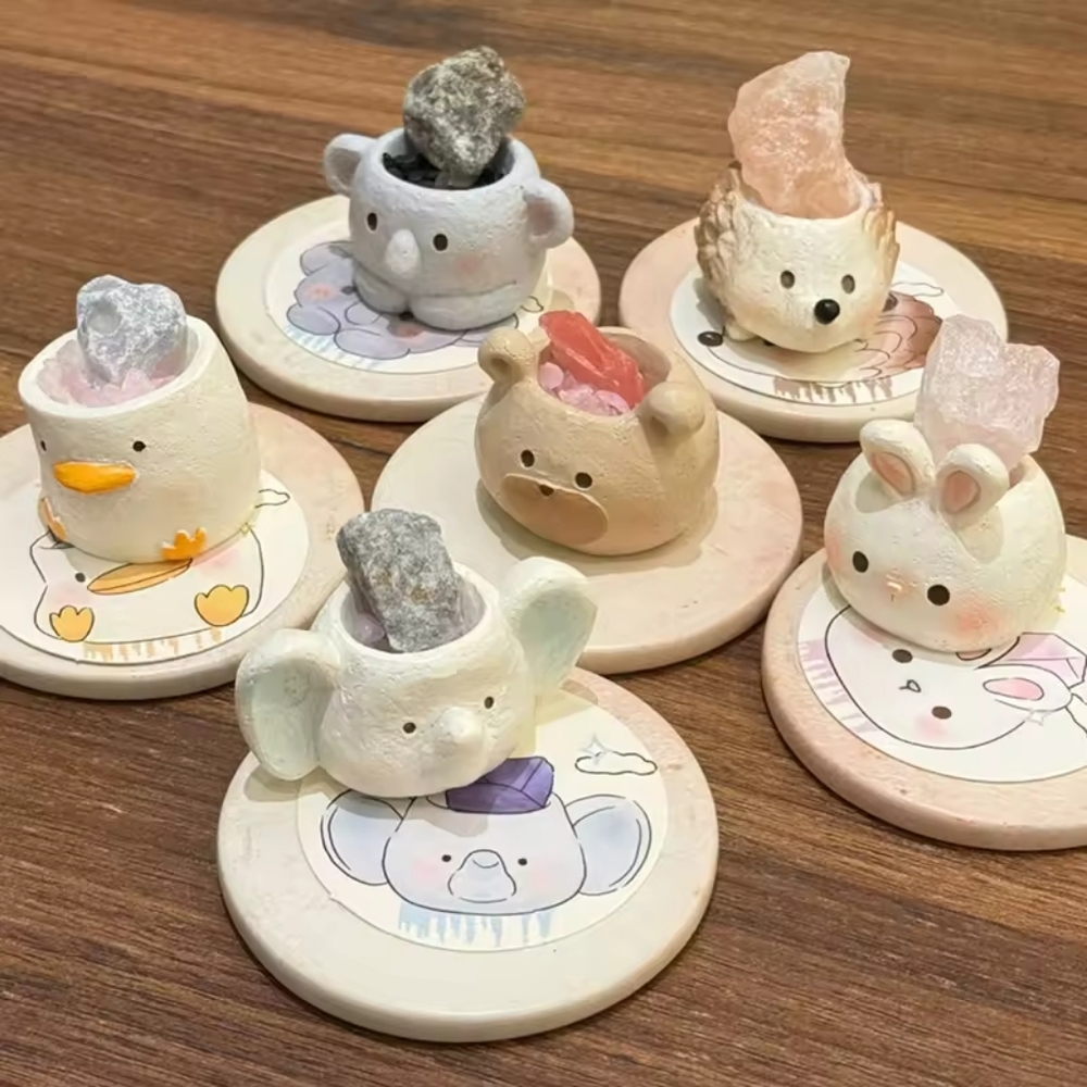 Cute Ceramic Animal Heads Natural Crystals Holders Blind Box of 6 NEW, UNOPENED!